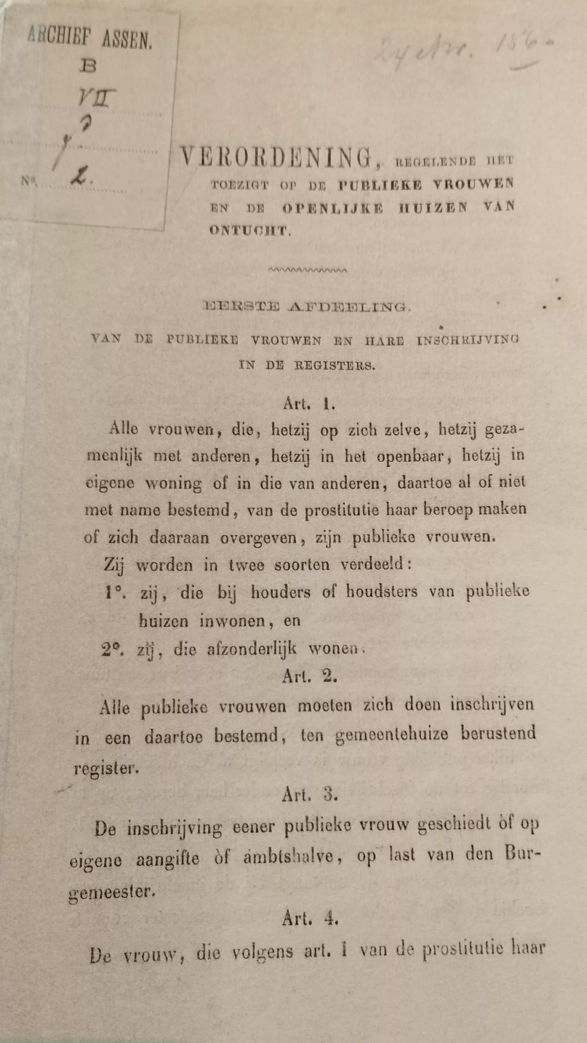 Verordening met betrekking tot het toezicht op de publieke vrouwen en de openlijke huizen van ontucht, 1861