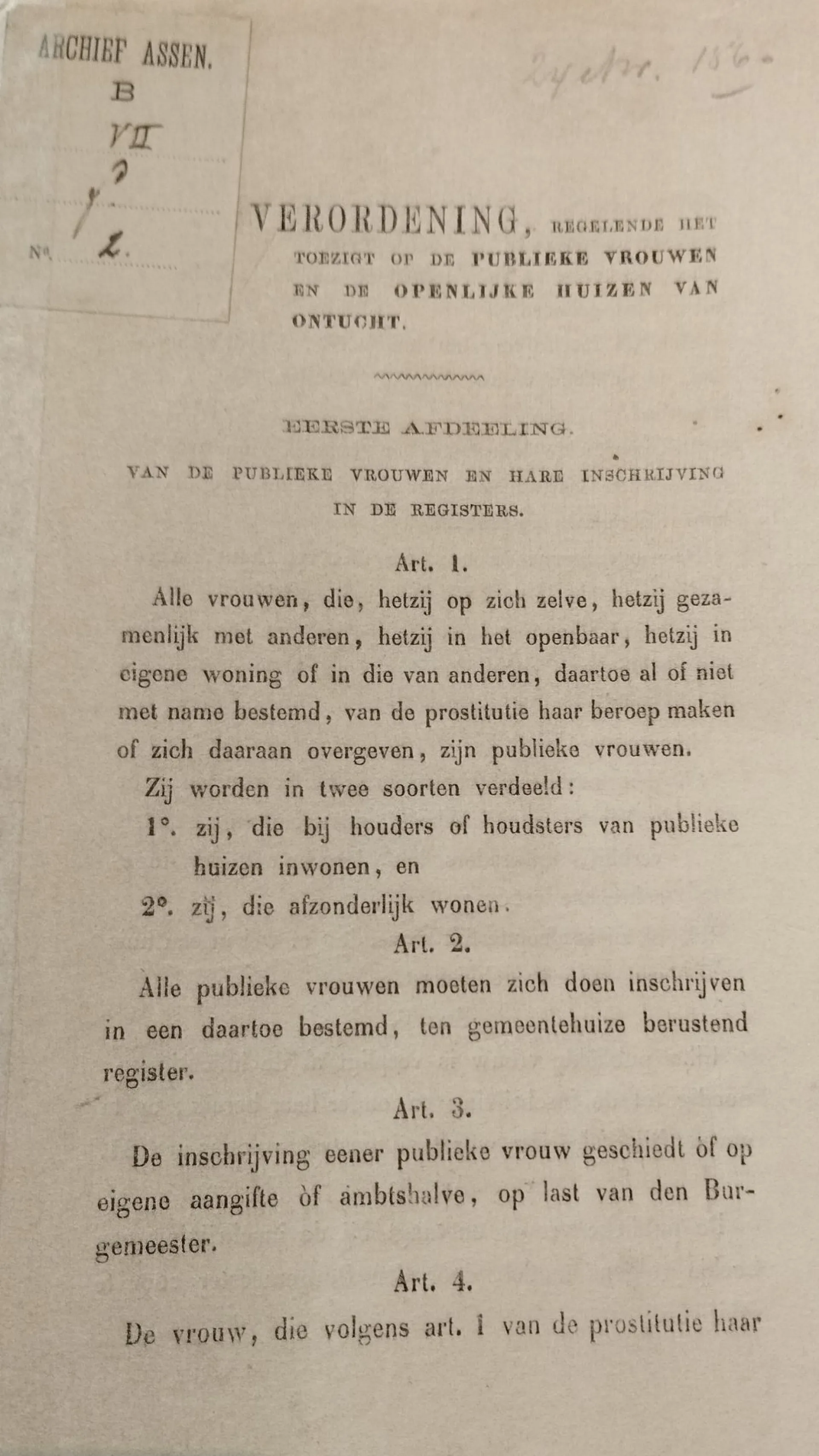 Verordening met betrekking tot het toezicht op de publieke vrouwen en de openlijke huizen van ontucht, 1861
